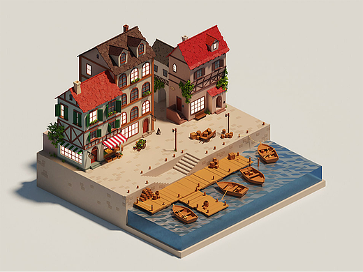 3dmax-风格化海边小镇场景街道房子模型制作教程。