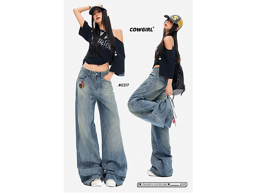 美式辣妹美式复古阔腿牛仔裤详情排版海报模特拼图