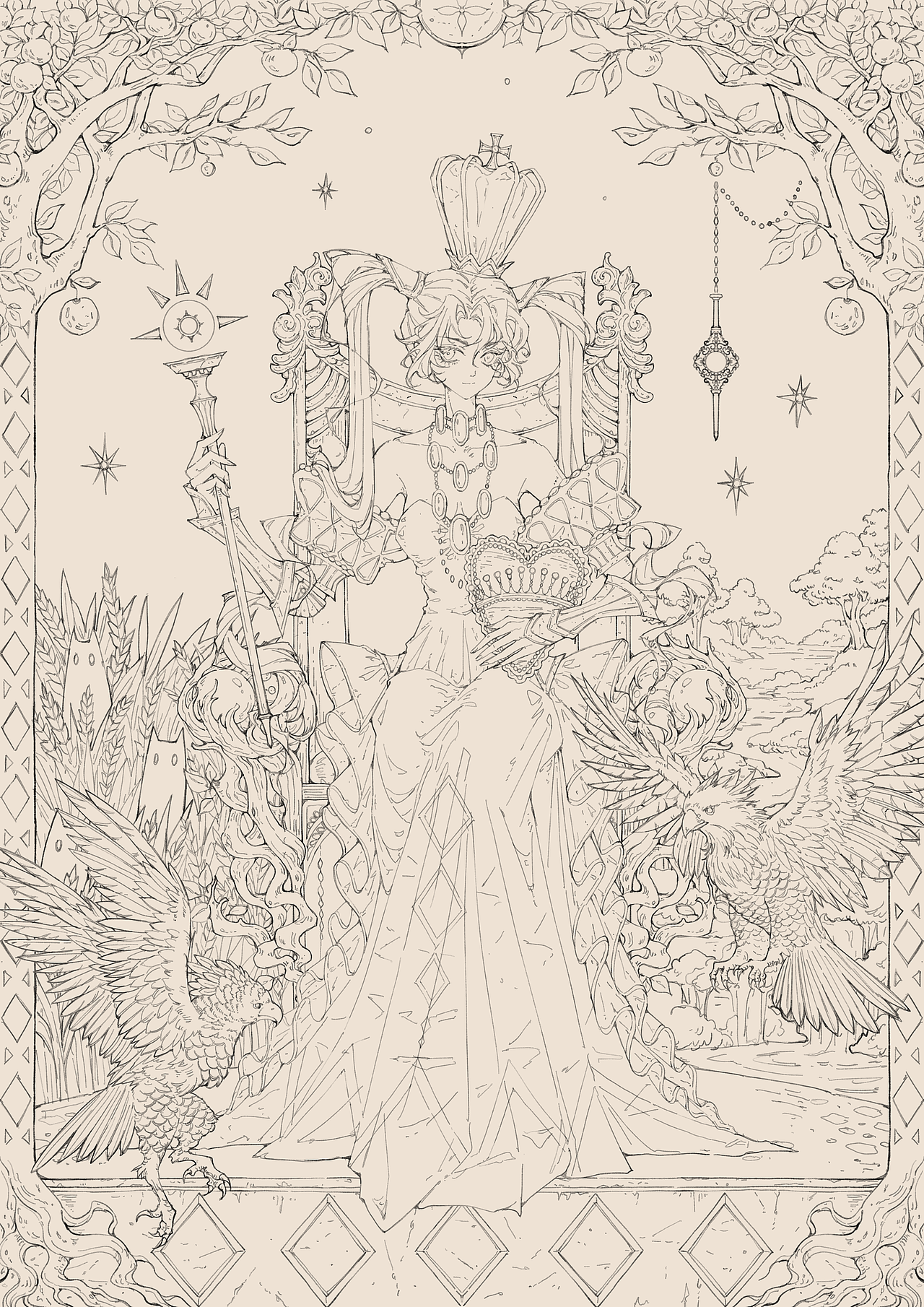 塔罗牌女皇复古风插画（图ZNDA2MTQ1NzM2） - 商业插画 - 站酷设计师罗德KARAS原创素材 - 站酷ZCOOL