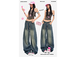美式辣妹美式街头复古抽绳牛仔裤详情排版海报模特拼图