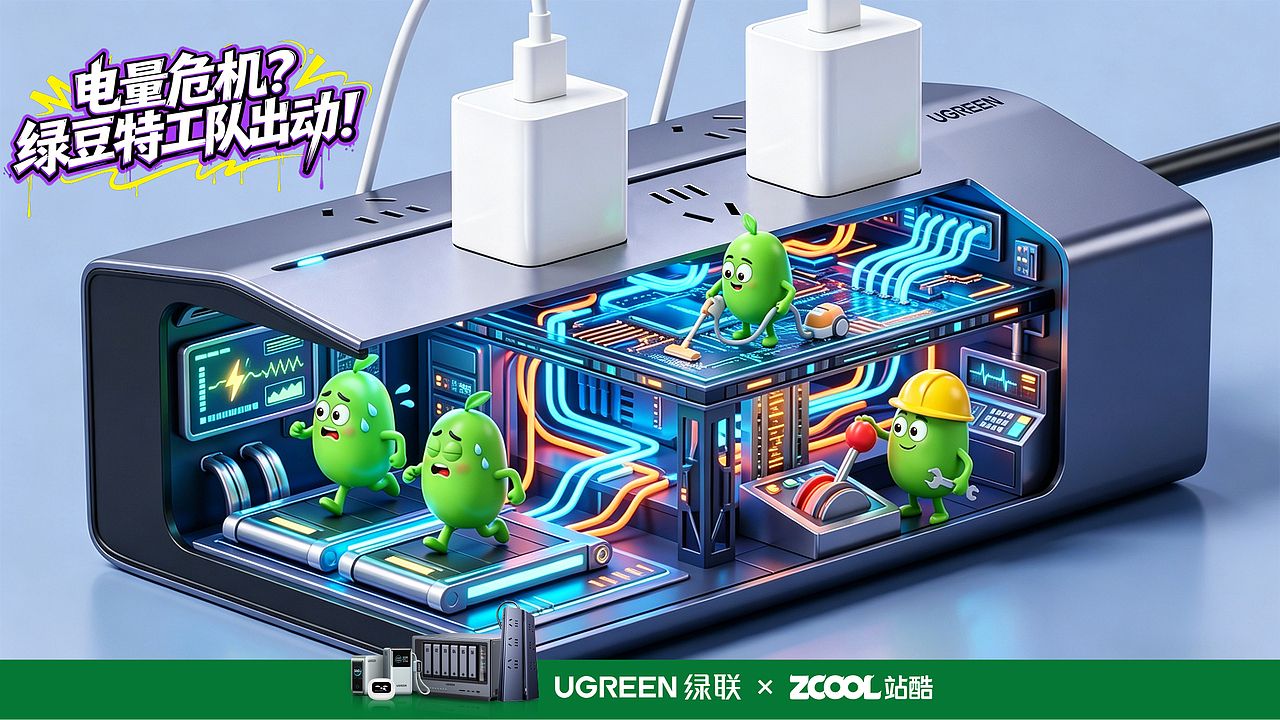 《电量危机？绿豆特工队出动！》（图ZNDA2NTA0MjA4） - AI作品 - 站酷设计师米谷日常migo原创素材 - 站酷ZCOOL