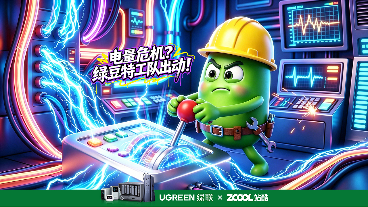 《电量危机？绿豆特工队出动！》（图ZNDA2NTA0MjEy） - AI作品 - 站酷设计师米谷日常migo原创素材 - 站酷ZCOOL