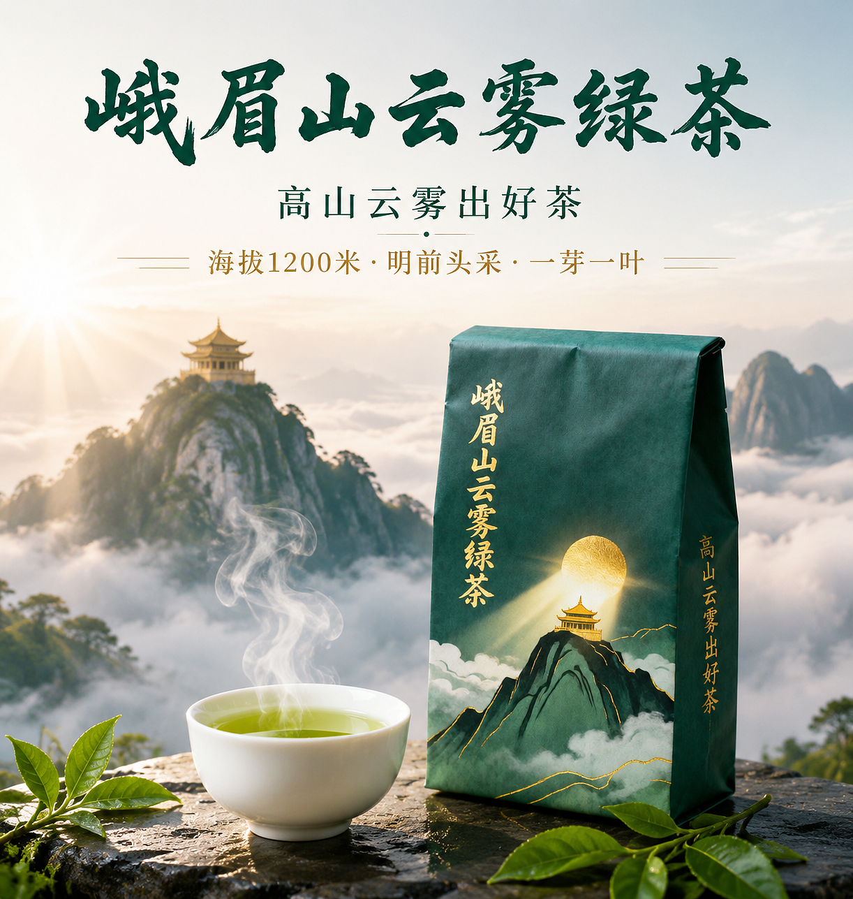 峨眉山云雾绿茶｜产品详情页 + TVC 广告视觉设计（图ZNDA2ODE5NzQ0） - AI作品 - 站酷设计师平安安啊原创素材 - 站酷ZCOOL