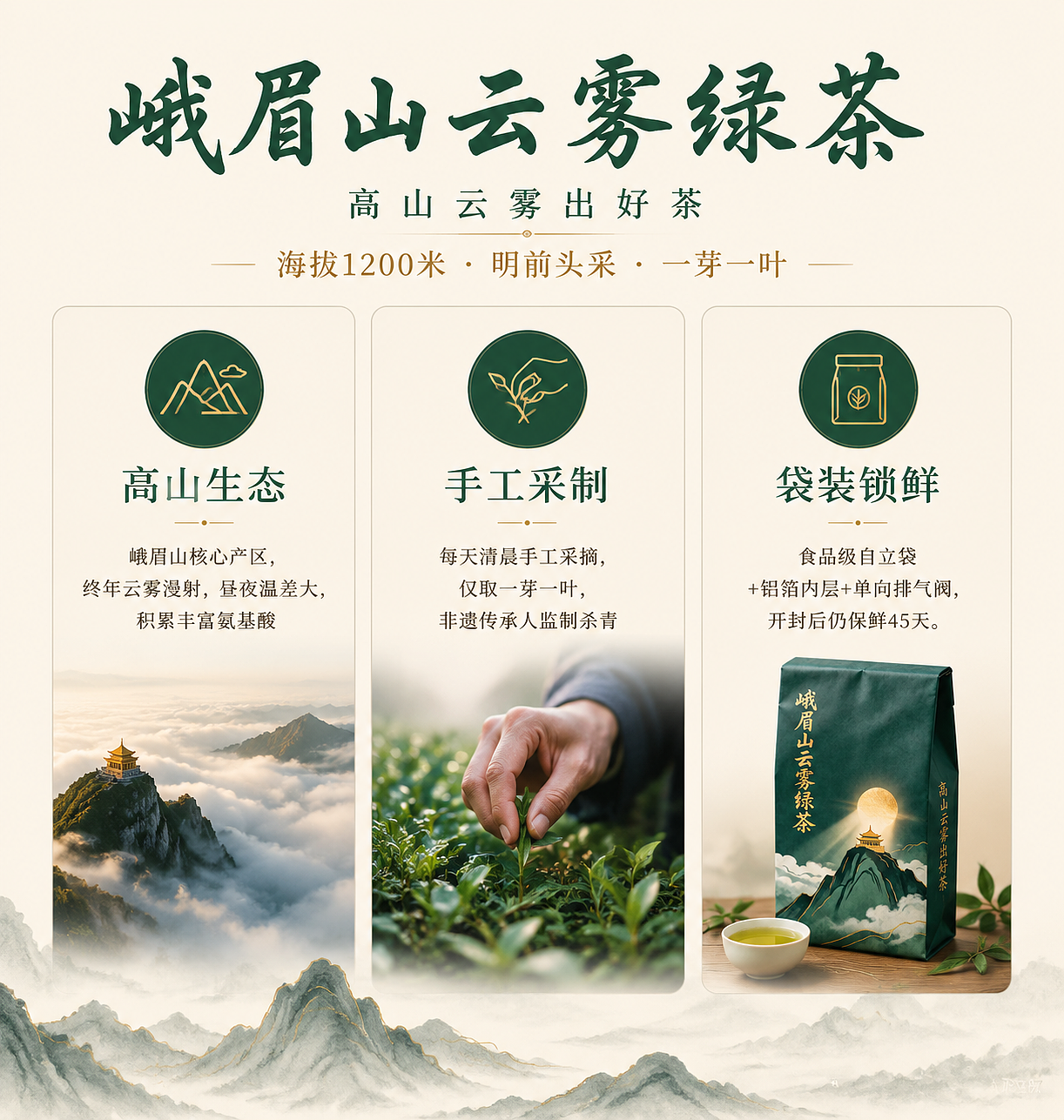 峨眉山云雾绿茶｜产品详情页 + TVC 广告视觉设计（图ZNDA2ODE5NzQ4） - AI作品 - 站酷设计师平安安啊原创素材 - 站酷ZCOOL
