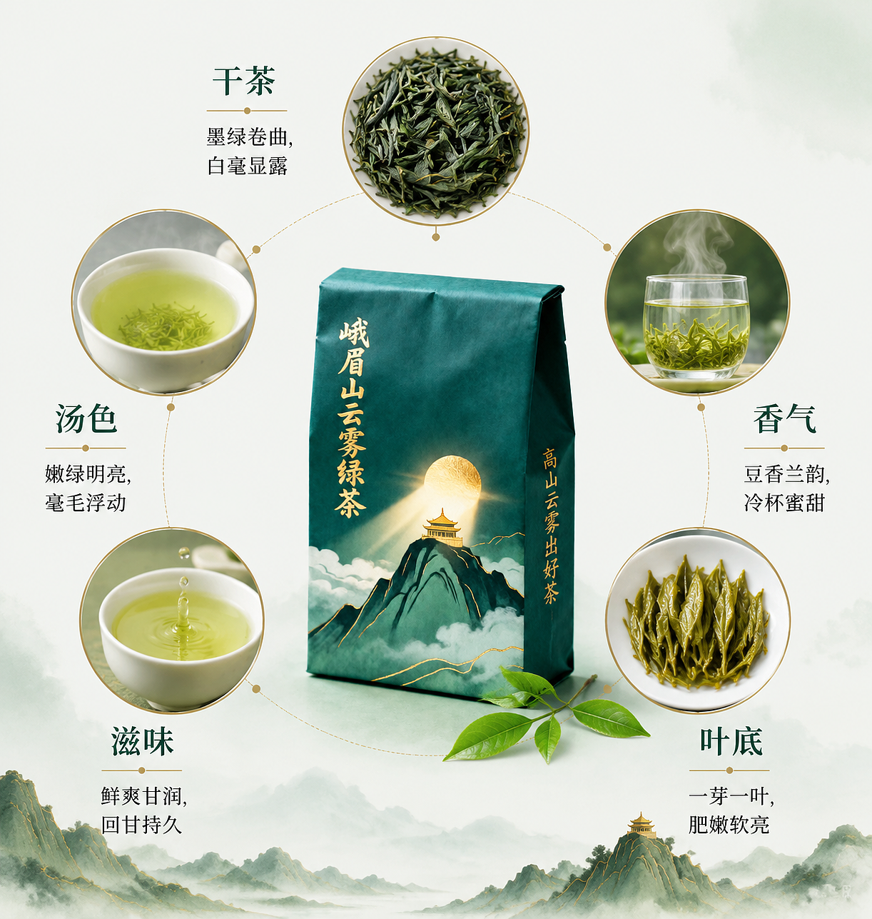 峨眉山云雾绿茶｜产品详情页 + TVC 广告视觉设计（图ZNDA2ODE5ODQw） - AI作品 - 站酷设计师平安安啊原创素材 - 站酷ZCOOL