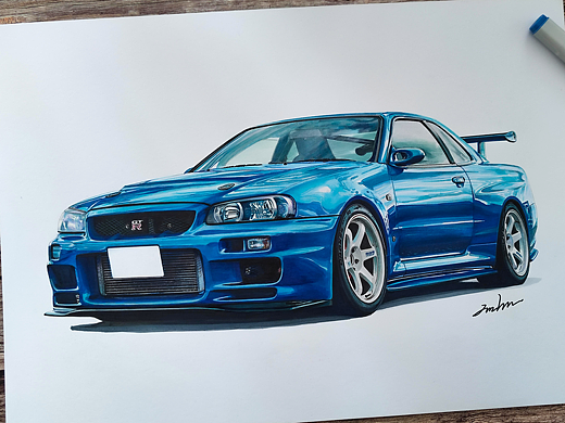马克笔汽车手绘  Nissan Skyline GT-R R34