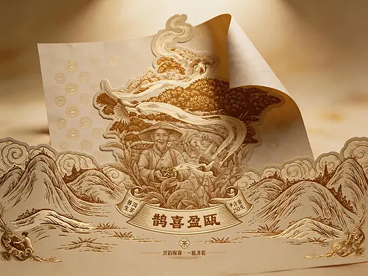 茶叶包装插画设计｜鹊喜盈瓯（鹊至•喜至•茶香至～）