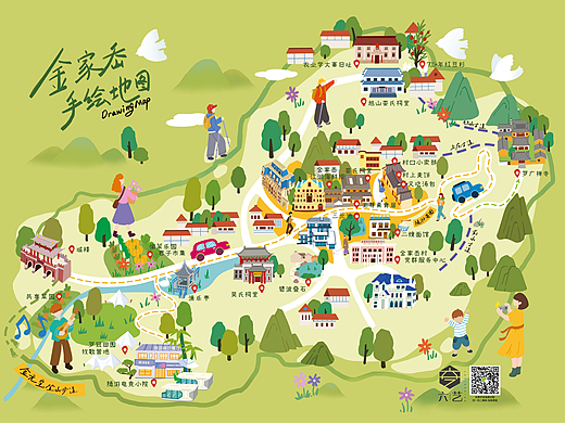 金家岙乡村手绘地图设计矢量导览图插画