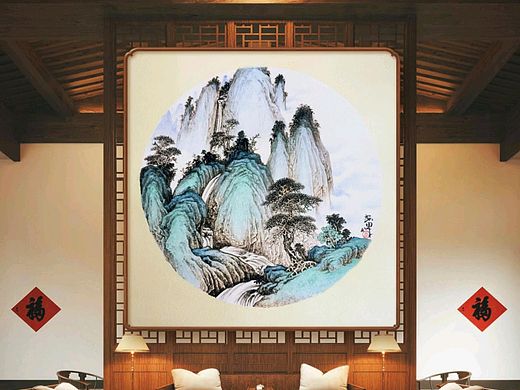 青绿山水团扇