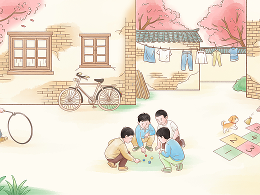 儿童节怀旧童年水彩国风插画