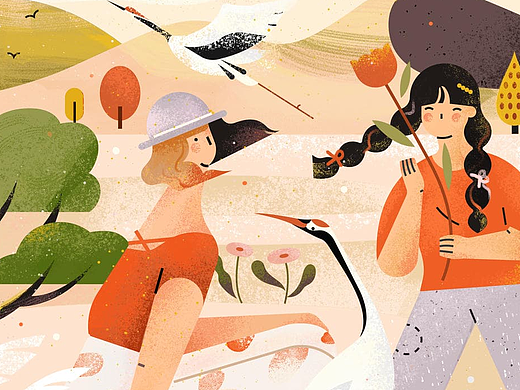 小园素原创手绘扁平风插画:风归鹤 户外春夏场景