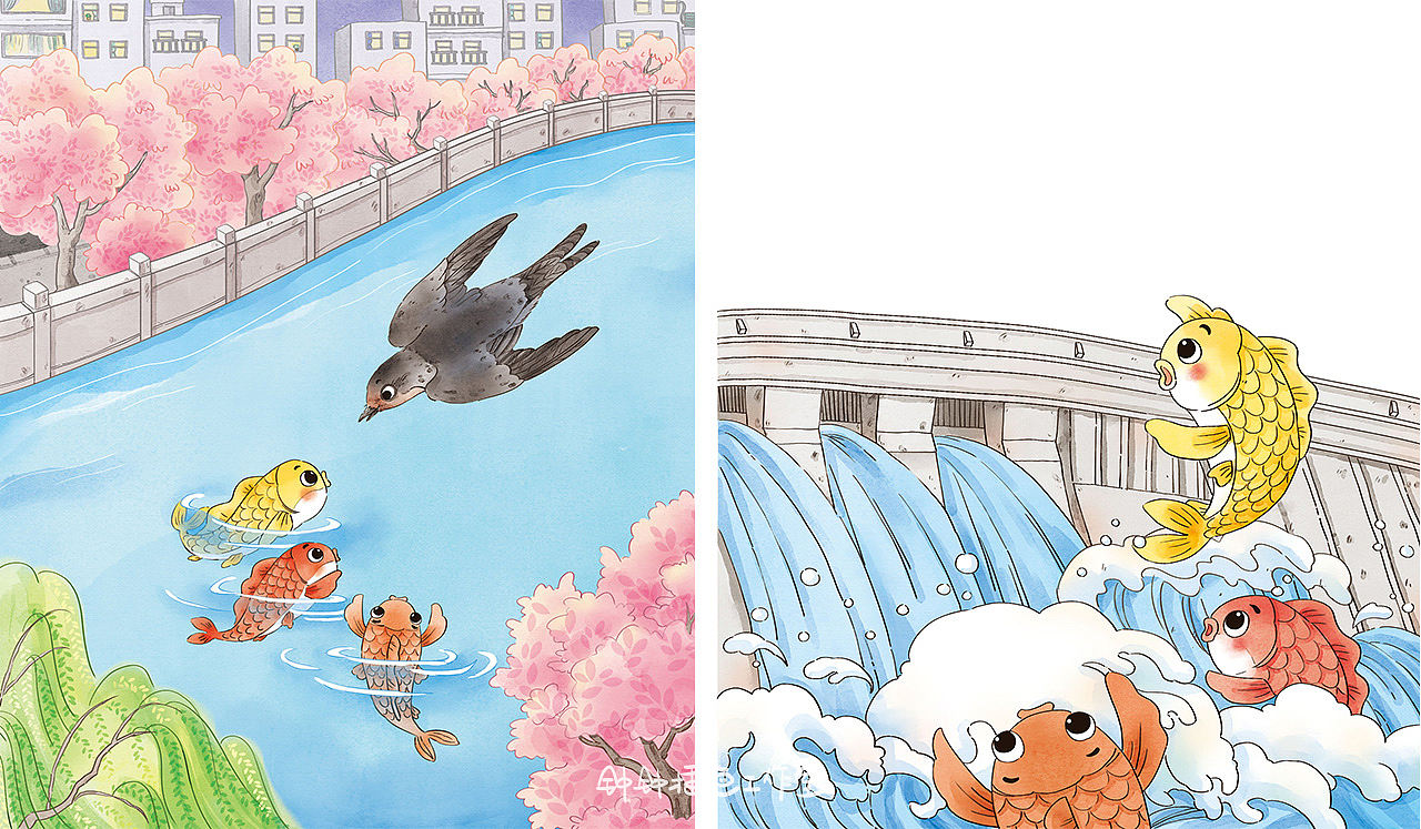 童书插图｜小鲤鱼跃龙门（已商用）（图ZNDA3ODkzNTUy） - 儿童插画 - 站酷设计师钟钟插画工作室原创素材 - 站酷ZCOOL