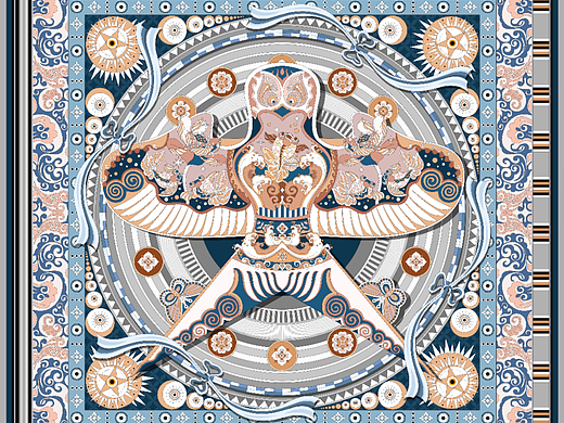 风筝主题丝巾插画纹样设计（蓝系配色） 
