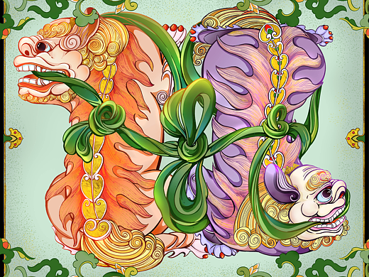 原创国潮插画｜双狮系结之「如意」
