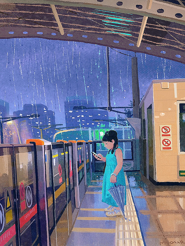 13号线暴雨天贼冷（图ZNDA4NTU5NDYw） - 艺术插画 - 站酷设计师MoonYUE悦悦原创素材 - 站酷ZCOOL