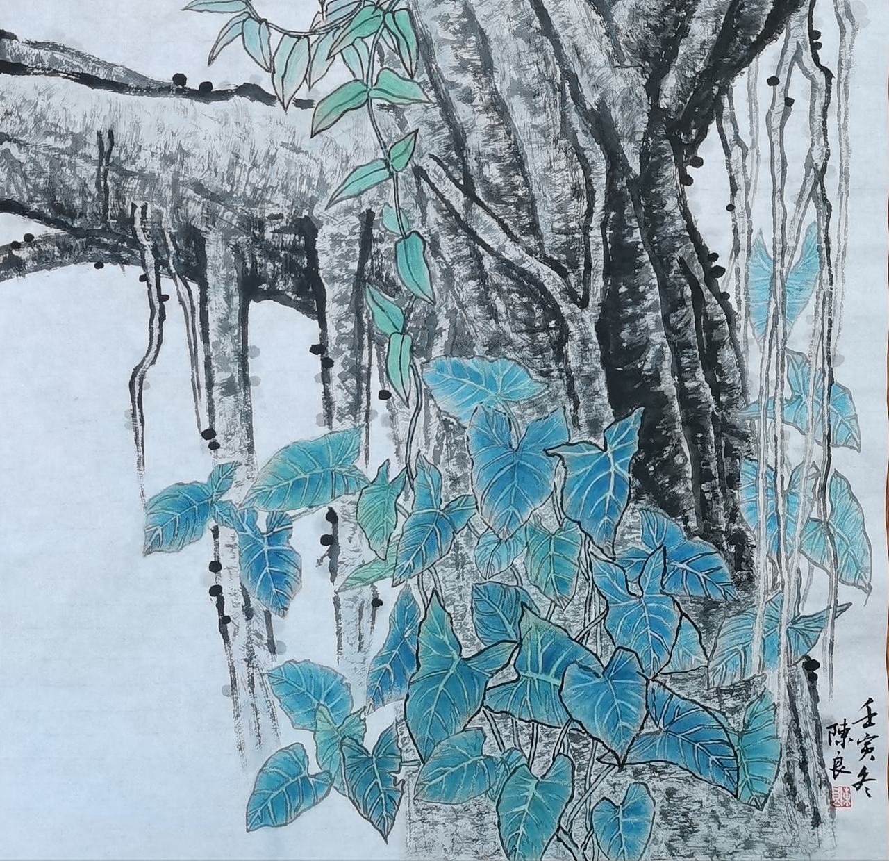 国画《古榕鸟鸣》（图ZNDA4NjI1OTQw） - 绘画 - 站酷设计师神墨丹青艺术馆原创素材 - 站酷ZCOOL