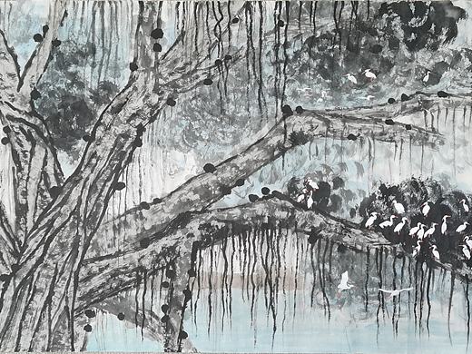 国画《古榕鹭群》