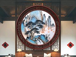 《苍松听泉·青绿山水圆幅》