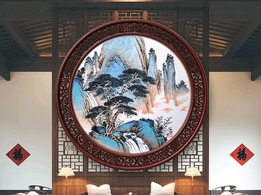 《苍松听泉·青绿山水圆幅》