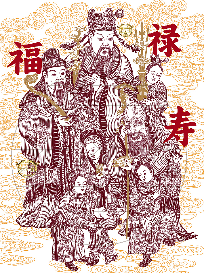 福禄寿版画/包装插画设计/原创插画（图ZNDA5MjQzNDA4） - 商业插画 - 站酷设计师鲲鹏设计插画汪攀原创素材 - 站酷ZCOOL