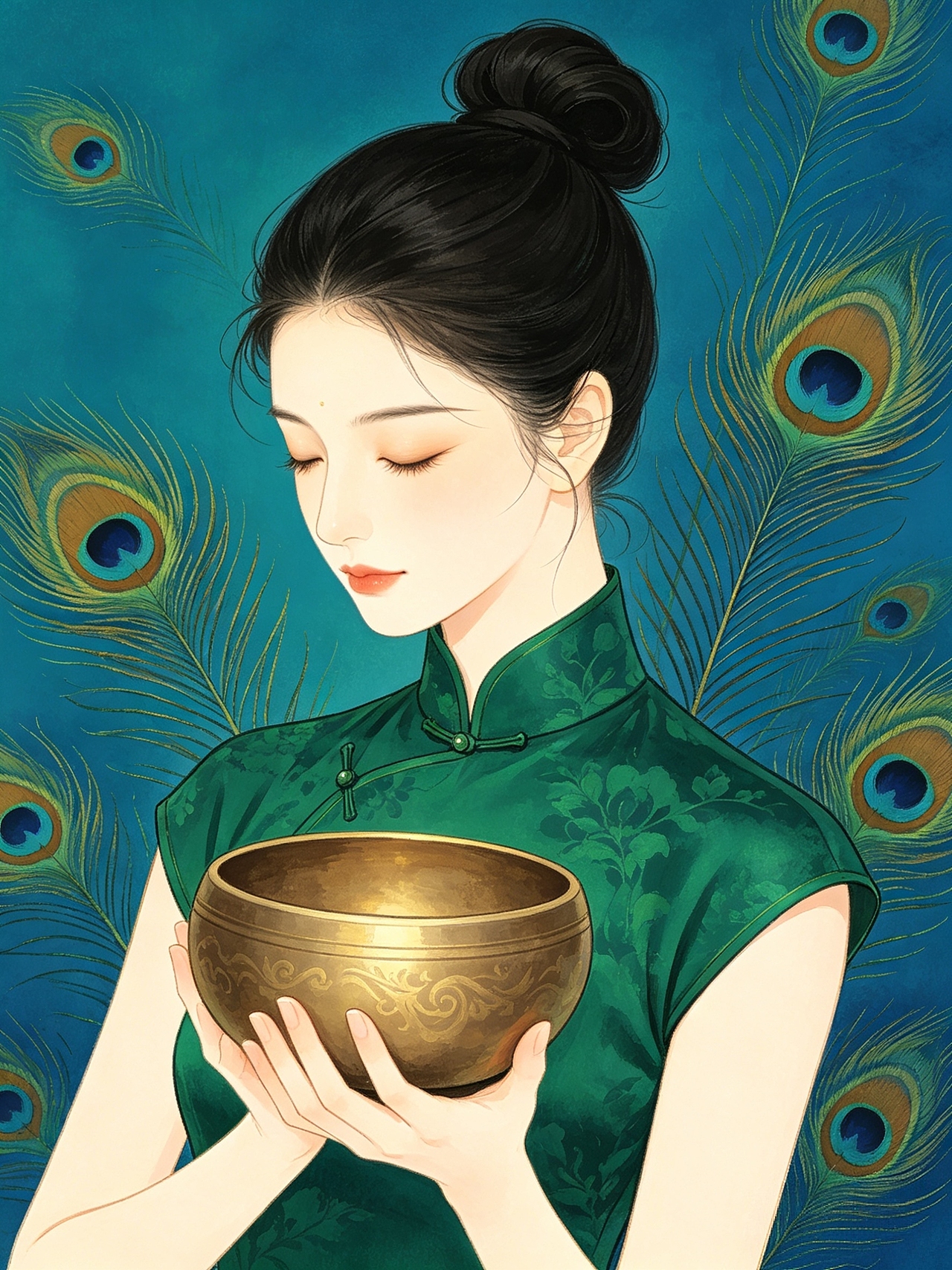 「静心自愈5」康养系列|颂钵音愈国风插画(图ZNDA5NDI5NDEy) - 商业插画 - 站酷设计师司芷钰IP主理人原创素材 - 站酷ZCOOL