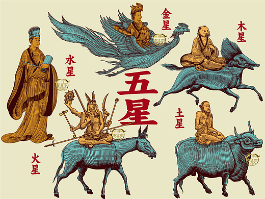 金木水火土五星版画/原创国风插画