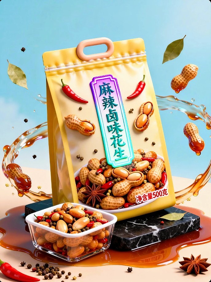 既梦AI设计创意麻辣卤味花生包装海报带提示词既梦5.0（图ZNDA5NzAxNDIw） - 包装 - 站酷设计师风中的玫瑰耶原创素材 - 站酷ZCOOL