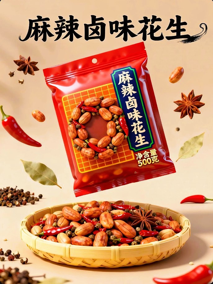 既梦AI设计创意麻辣卤味花生包装海报带提示词既梦5.0（图ZNDA5NzAxNDY0） - 包装 - 站酷设计师风中的玫瑰耶原创素材 - 站酷ZCOOL