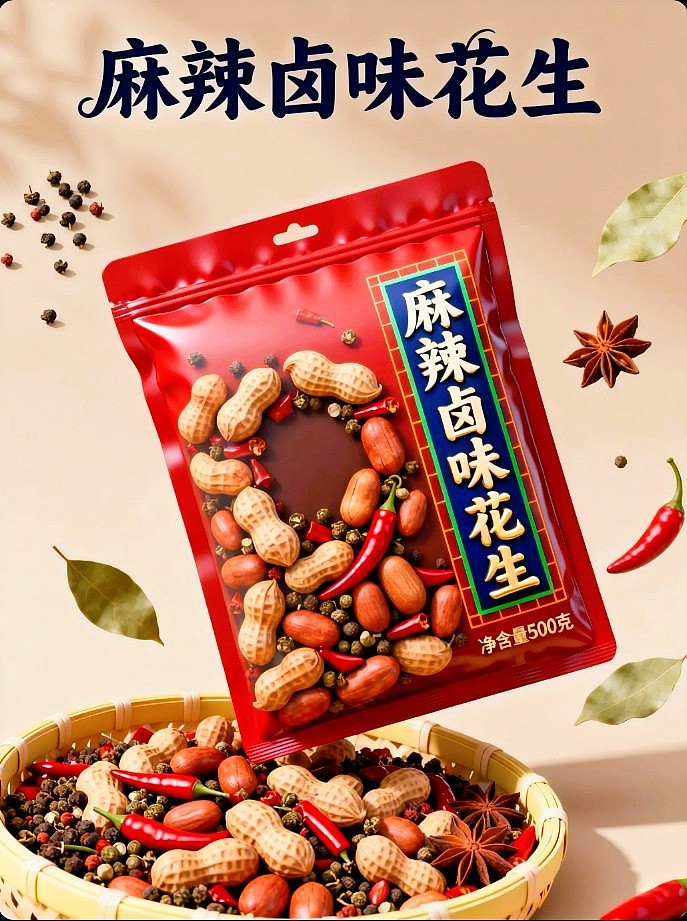 既梦AI设计创意麻辣卤味花生包装海报带提示词既梦5.0（图ZNDA5NzAxNDY4） - 包装 - 站酷设计师风中的玫瑰耶原创素材 - 站酷ZCOOL