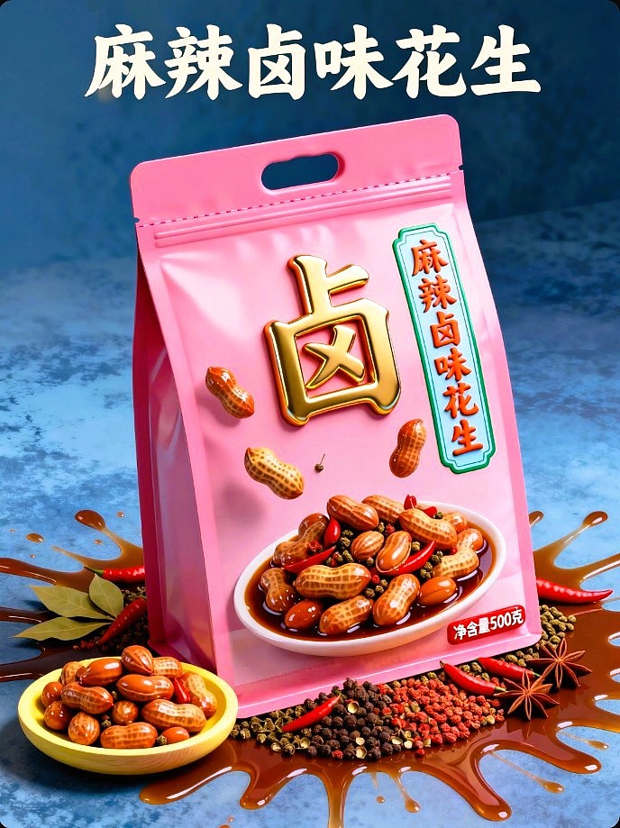 既梦AI设计创意麻辣卤味花生包装海报带提示词既梦5.0（图ZNDA5NzAxNjgw） - 包装 - 站酷设计师风中的玫瑰耶原创素材 - 站酷ZCOOL