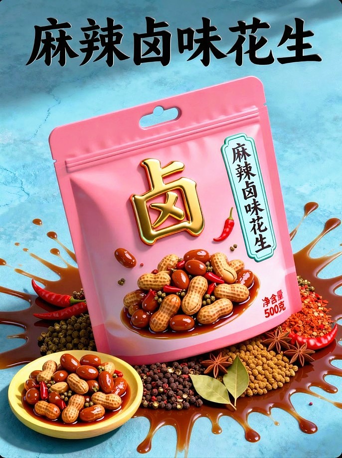 既梦AI设计创意麻辣卤味花生包装海报带提示词既梦5.0（图ZNDA5NzAxNzAw） - 包装 - 站酷设计师风中的玫瑰耶原创素材 - 站酷ZCOOL