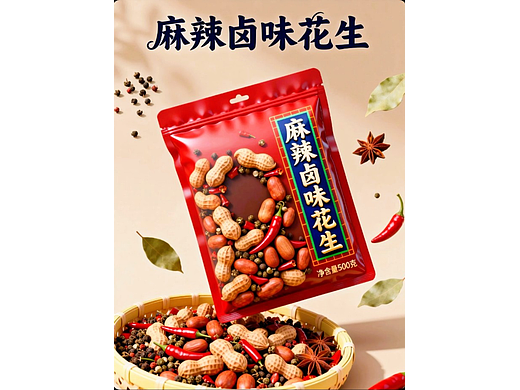 既梦AI设计创意麻辣卤味花生包装海报带提示词既梦5.0