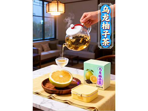 AIGC设计创意乌龙柚子茶包装海报附带提示词既梦5.0
