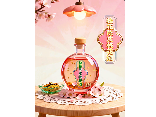 既梦AI设计创意桂花陈皮桃花酒产品包装设计提示词AIGC