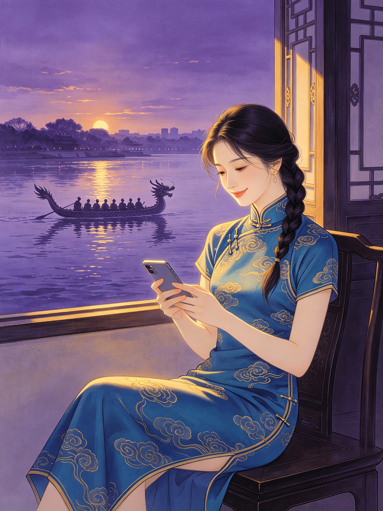 「暮江观舟」10086线上时刻国风插画|ip原创(图ZNDA5ODA1OTUy) - 商业插画 - 站酷设计师司芷钰IP主理人原创素材 - 站酷ZCOOL
