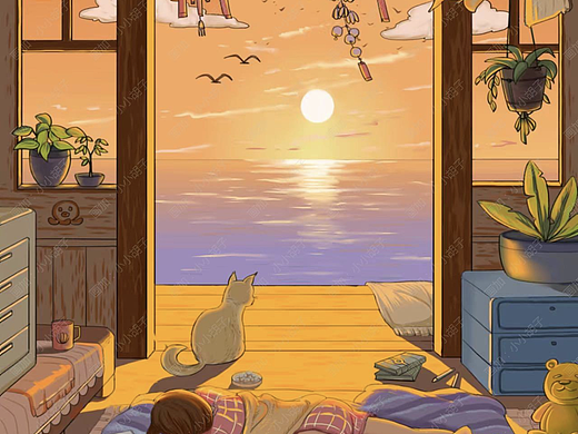 《海滨的傍晚》场景插画