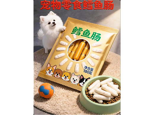 AIGC设计创意宠物零食鳕鱼肠包装海报带提示词既梦5.0
