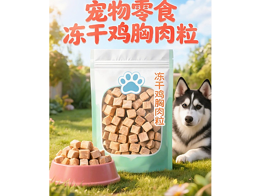 既梦AI设计宠物零食冻干鸡胸肉粒包装海报带提示词AIGC