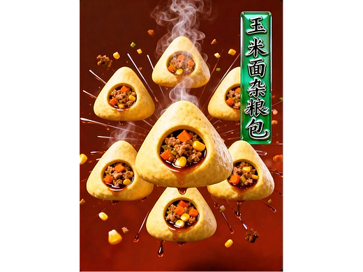 AIGC设计创意美食多口味面皮三鲜馅杂粮包海报提示词