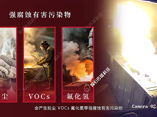 电池燃烧废气治理动画 双级喷淋+静电除尘组合净化方案