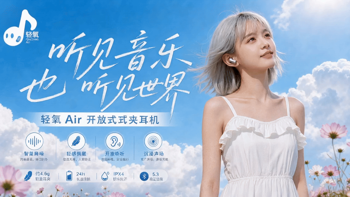 《轻氧 Air 开放式无线耳机》产品全案设计&TVC广告(图ZNDEwMDEzNjE2) - AI作品 - 站酷设计师小薛超人原创素材 - 站酷ZCOOL