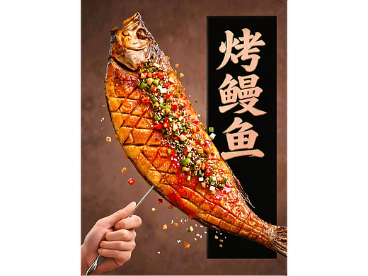 既梦AI5.0模型设计创意烧烤烤鳗鱼平面视觉海报提示词