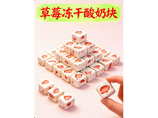 既梦AI设计创意草莓冻干酸奶块零食包装海报提示词AIGC