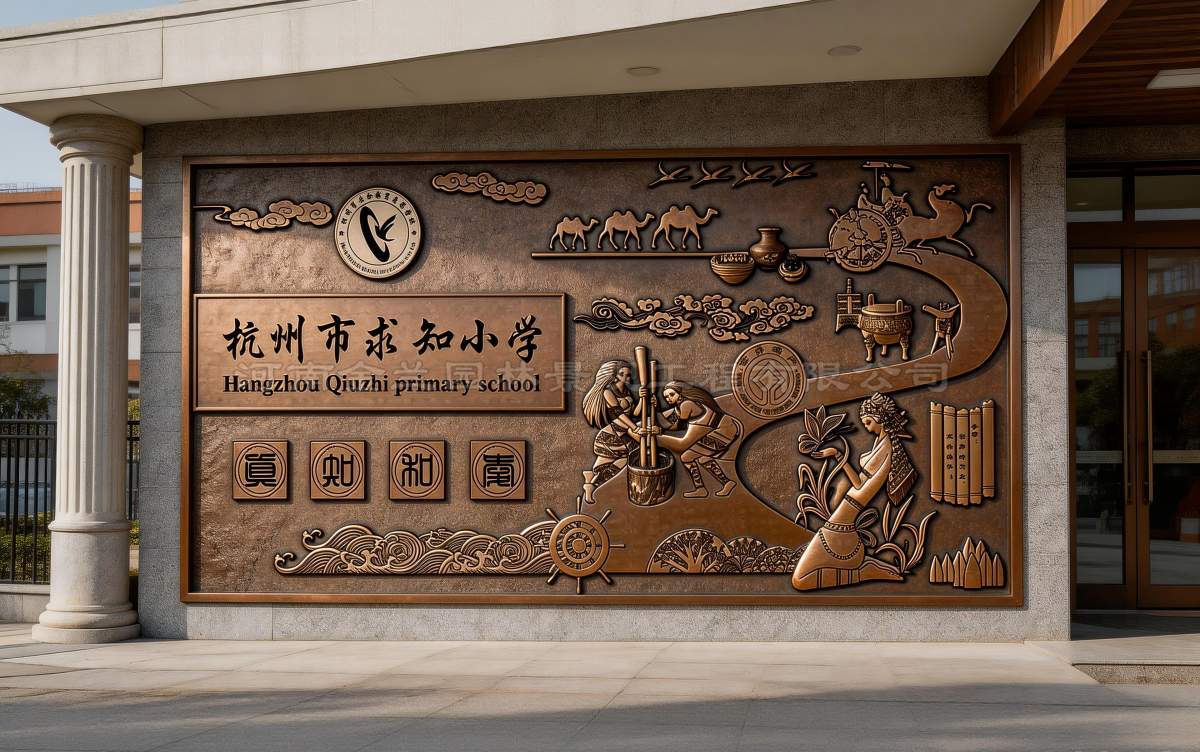 学校大门紫铜浮雕设计 —— 河南金兰园林景观为杭州求知学校打造校门文化地标纪实（图ZMTU4MTIxMjQ=） - 资讯 - 站酷设计师浮雕设计定制公司原创素材 - 站酷ZCOOL