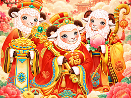 羊年插画-三羊开泰 · 福禄寿