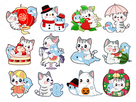 小猫和鲸鱼贴纸（导航-6908） - 未分类 - 站酷设计师ikutabb原创素材 - 站酷ZCOOL