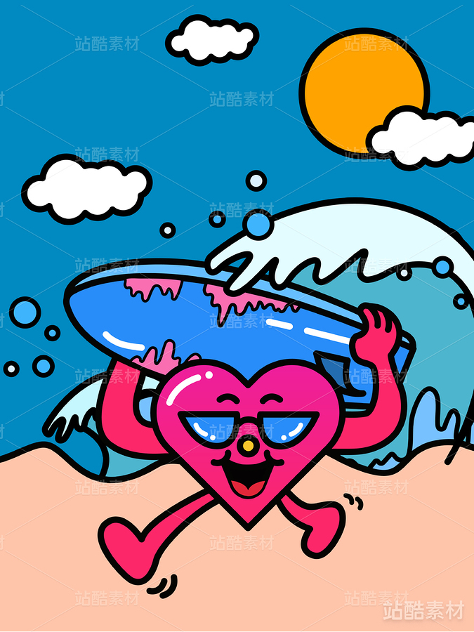 愛心海邊沖浪矢量插畫（主預覽-8280） - 未分類 - 站酷設(shè)計師小花浪的阿特原創(chuàng)素材 - 站酷ZCOOL