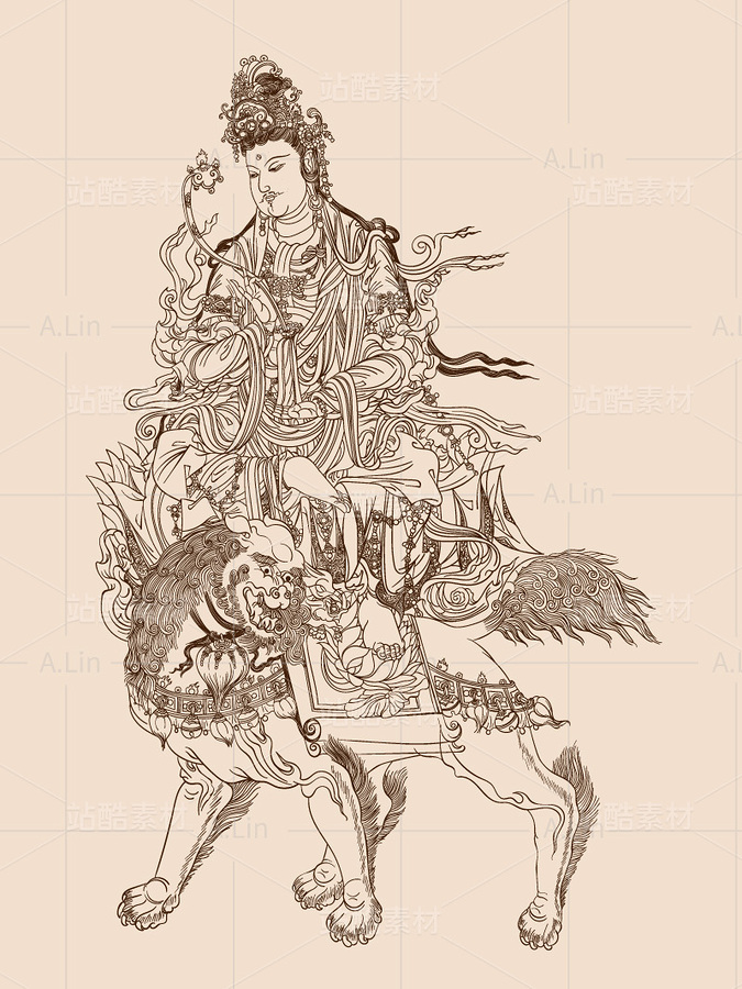 敦煌壁畫(huà)白描線(xiàn)稿 文殊菩薩手持如意坐青獅背蓮花座（主預(yù)覽-54931） - 未分類(lèi) - 站酷設(shè)計(jì)師A_霖原創(chuàng)素材 - 站酷ZCOOL