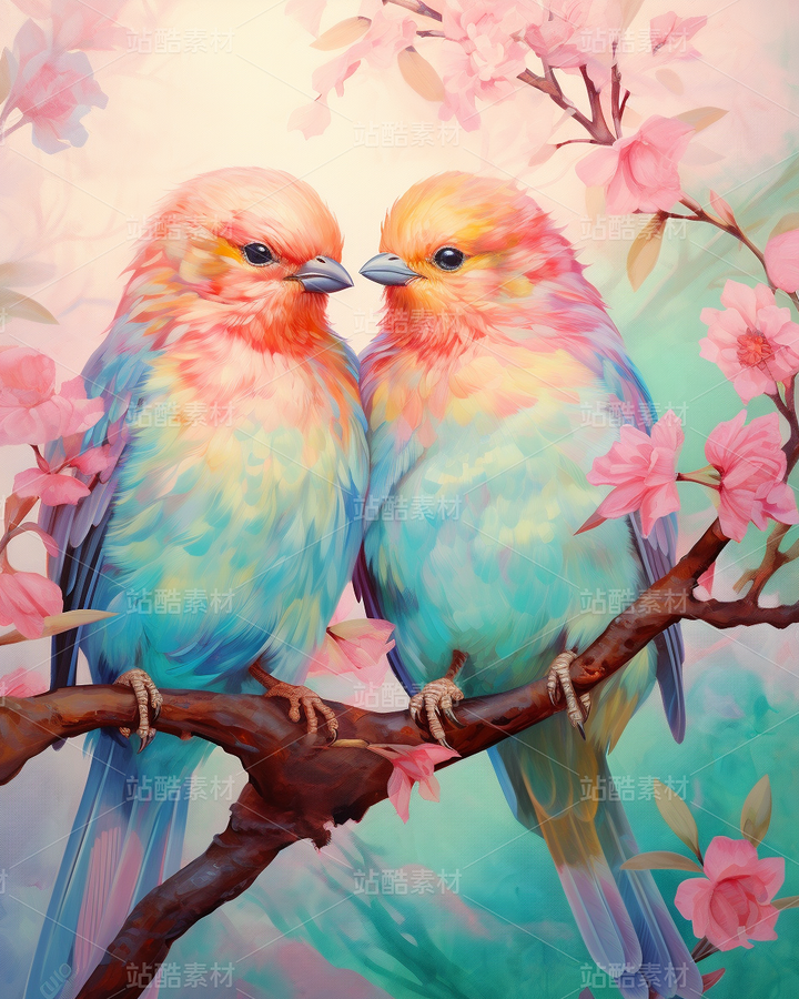 彩色小鳥(niǎo)鸚鵡照片插畫恩愛(ài)中國(guó)風(fēng)（主預(yù)覽-62265） - 未分類 - 站酷設(shè)計(jì)師AIGC微微原創(chuàng)素材 - 站酷ZCOOL