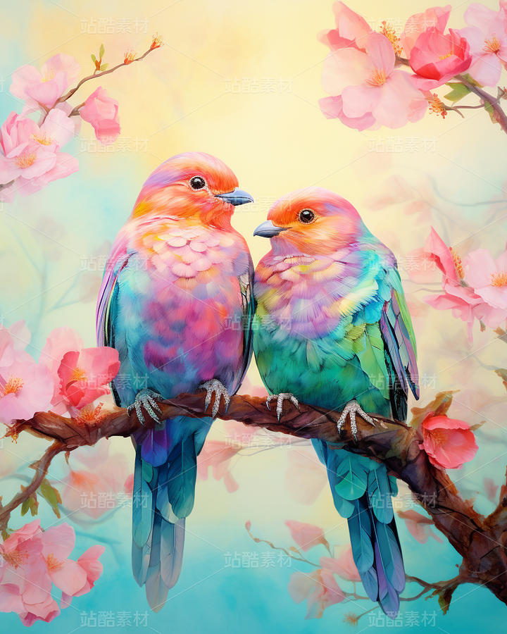 彩色小鳥(niǎo)鸚鵡照片插畫恩愛(ài)中國(guó)風(fēng)（主預(yù)覽-62264） - 未分類 - 站酷設(shè)計(jì)師AIGC微微原創(chuàng)素材 - 站酷ZCOOL